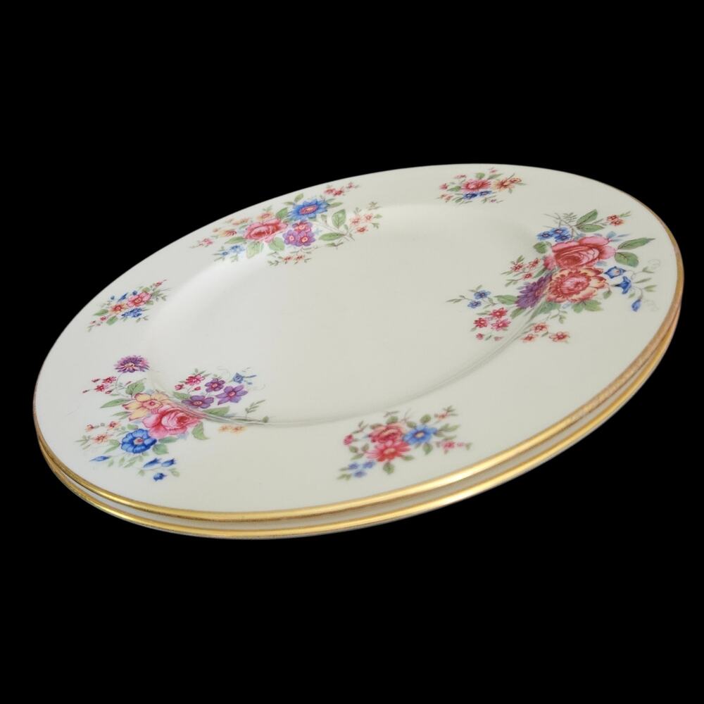 Lenox Aurora L-347 Floral Gold Trim 9" Lunch Plates Set of 2 USA Vintage READ